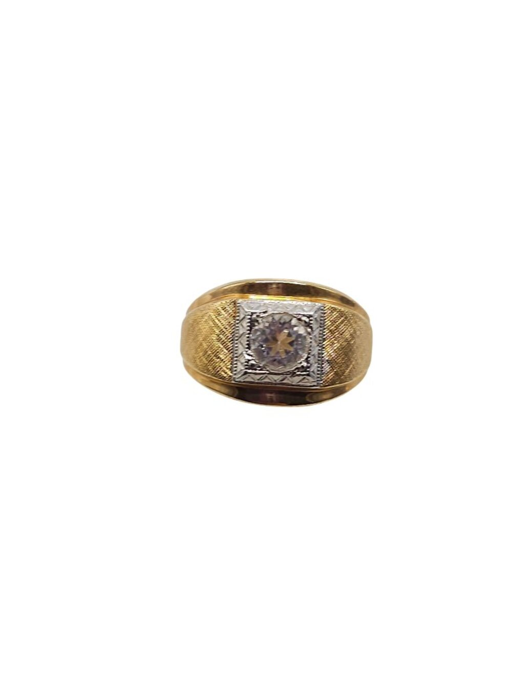Vintage Karatclad Mens Ring With Clear Stone 18K HGE Marked 8.75 Textured Band